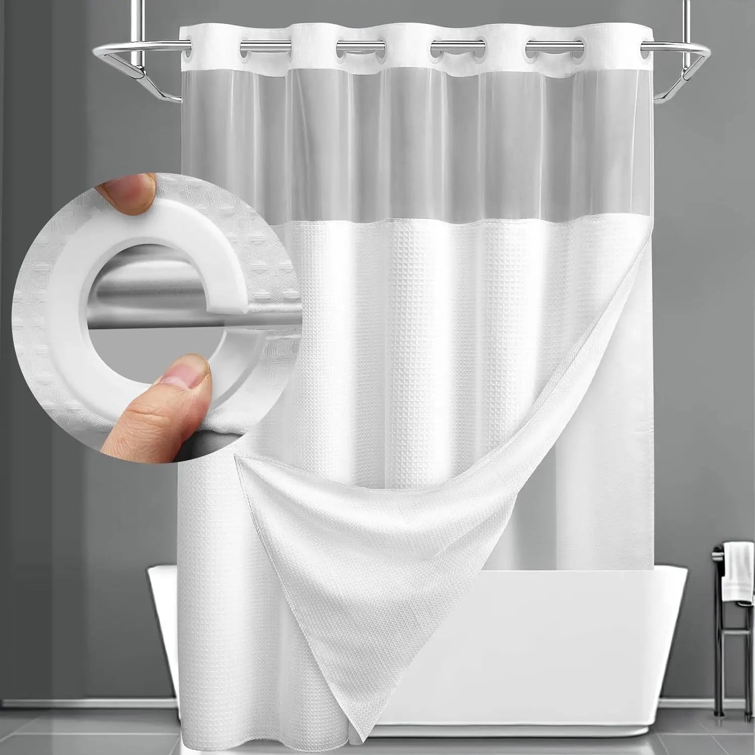 1pc No Hook Shower Curtain with Snap in Fabric Liner Set Less Time White Waffle Shower Curtain for Bathroom 74" L x 71" W