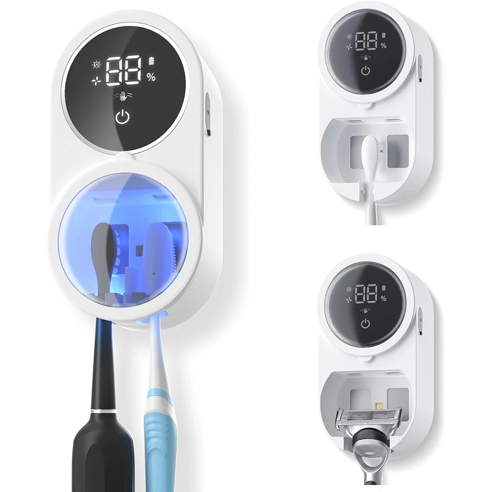 Toothbrush Holder Cleaner Razor Holder/Dryer Light Cleaning and Air Drying Automatic Ratating Cover Rechargeable Wall Mounted