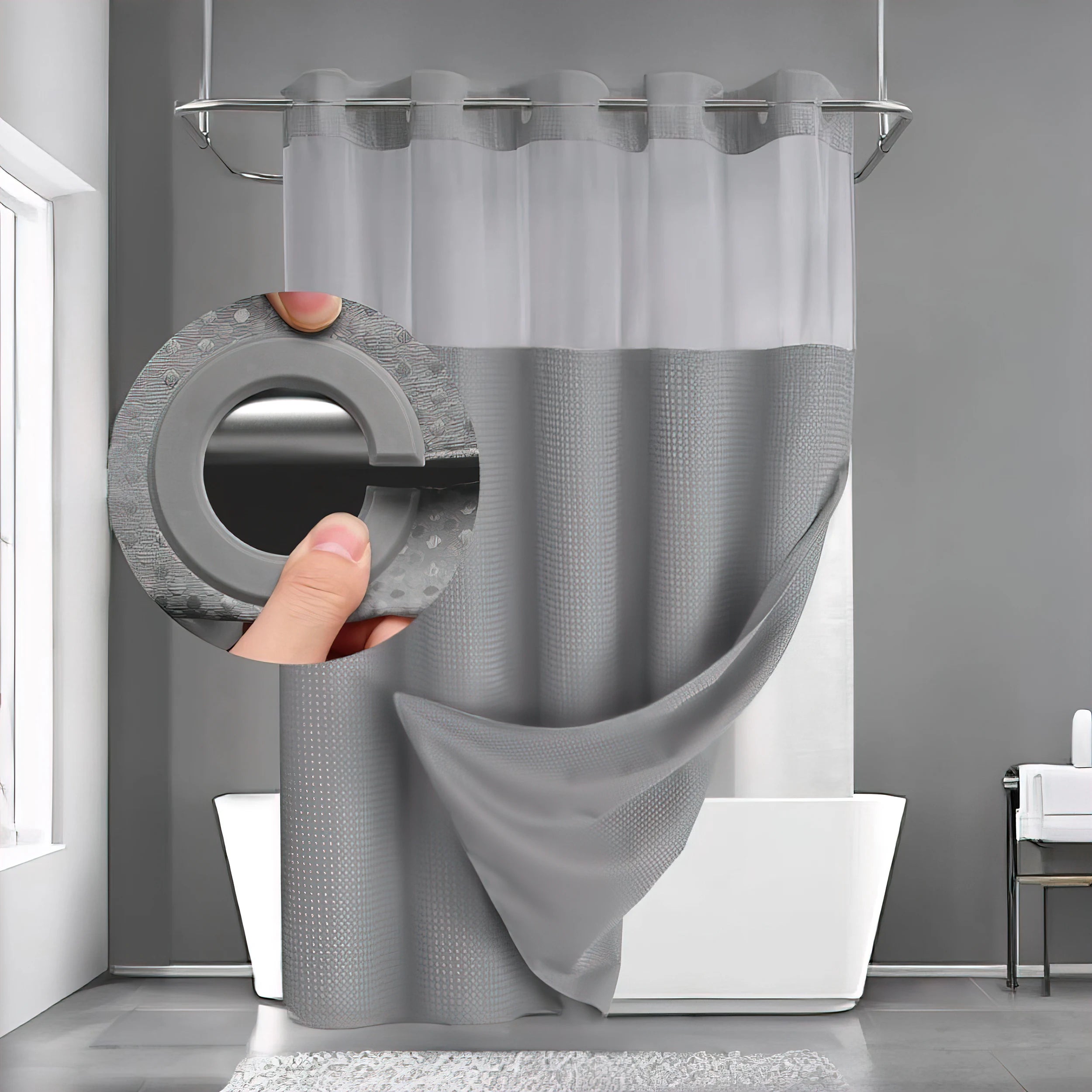1pc No Hook Shower Curtain with Snap in Fabric Liner Set Less Time White Waffle Shower Curtain for Bathroom 74" L x 71" W