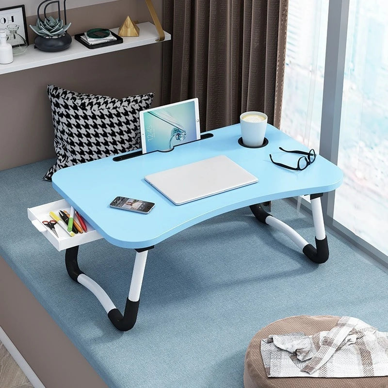 Folding Mini Table, Bed Tray Cup Holder Type Laptop Desk, Sitting Table, Cup Holder Drawer Tablet Stand, Folding Small Table