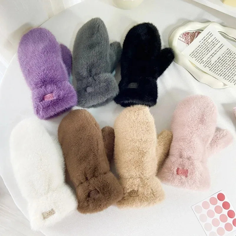 Winter Thickened Warm Imitation Rabbit Fur Gloves Warm Simple Windproof Soft Full-finger Gloves Riding Skiing Outdoor Gloves