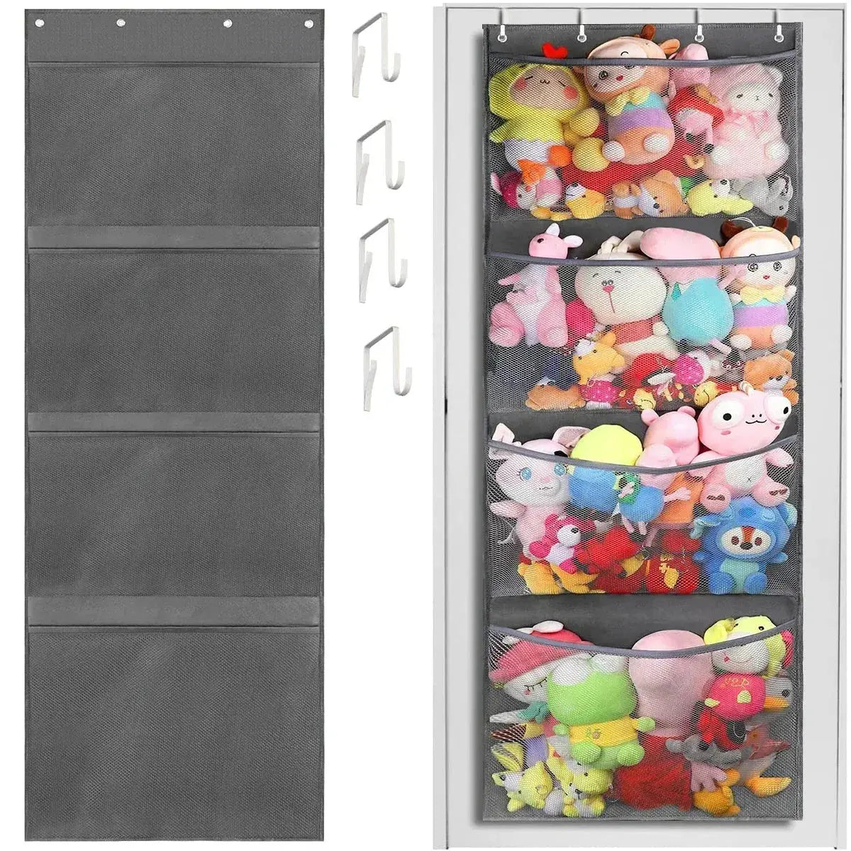 New Stuffed Storage Bag Over The Door Stuff Animals Organizer Hanging Mesh Bags 4 Large Pockets for Baby Plush Toys Kids Storage