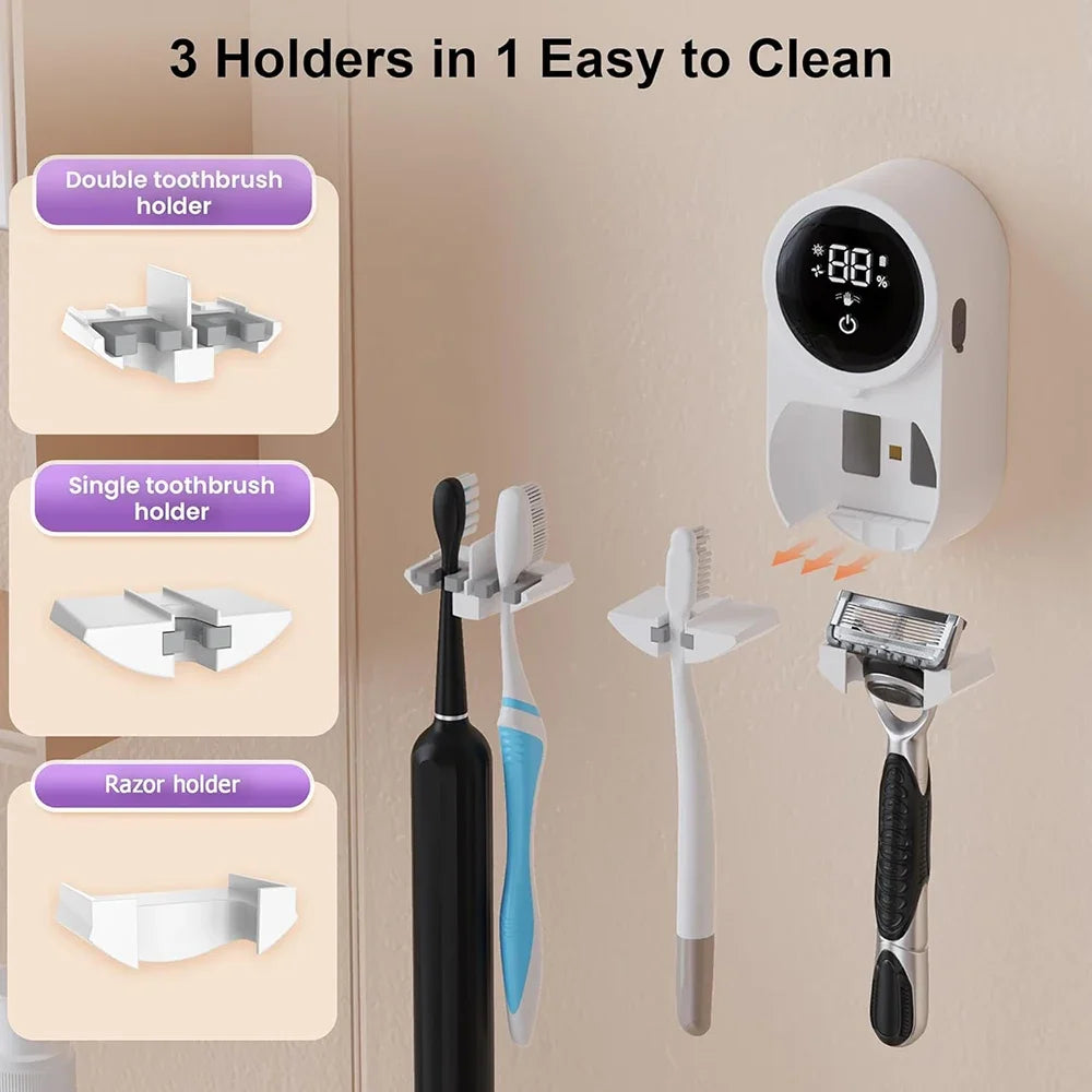 Toothbrush Holder Cleaner Razor Holder/Dryer Light Cleaning and Air Drying Automatic Ratating Cover Rechargeable Wall Mounted