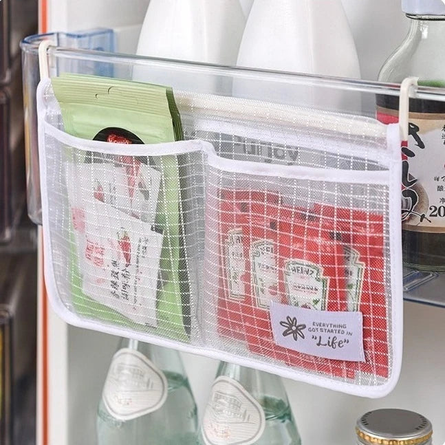 Storage Mesh Bag Refrigerator Organizer Double Compartment Sauce Packet Storage Bag Hanging Net Pouch Kitchen Storage Organizer