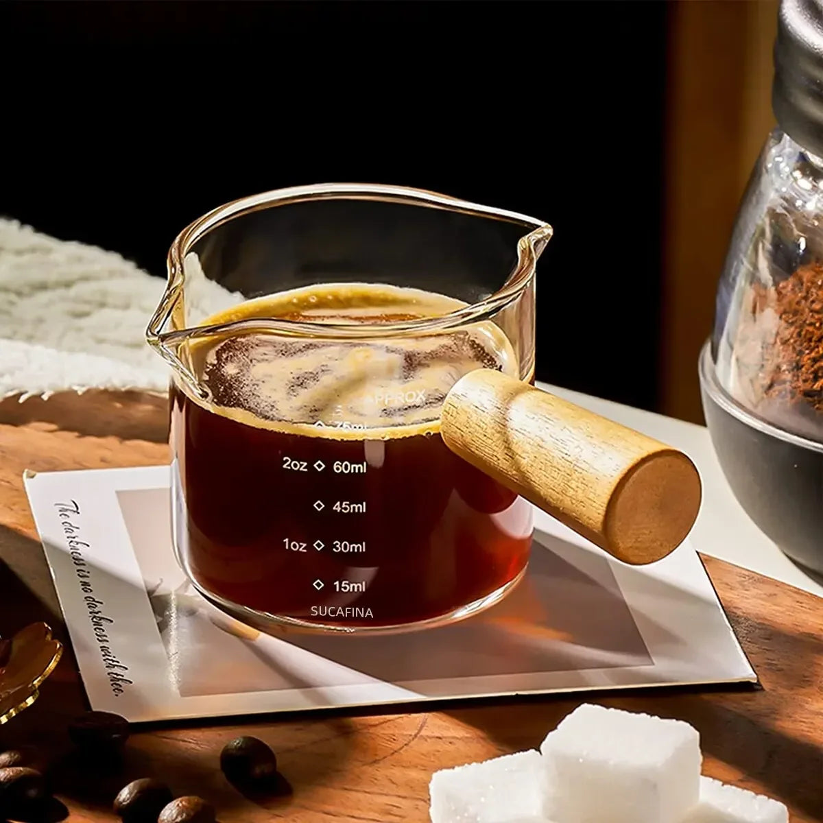 Glass Measuring Cup With Wood Handle 1pc Glass Espresso Measuring Cup Double Single Mouth Milk Coffee Clear Mug Coffee Supplies