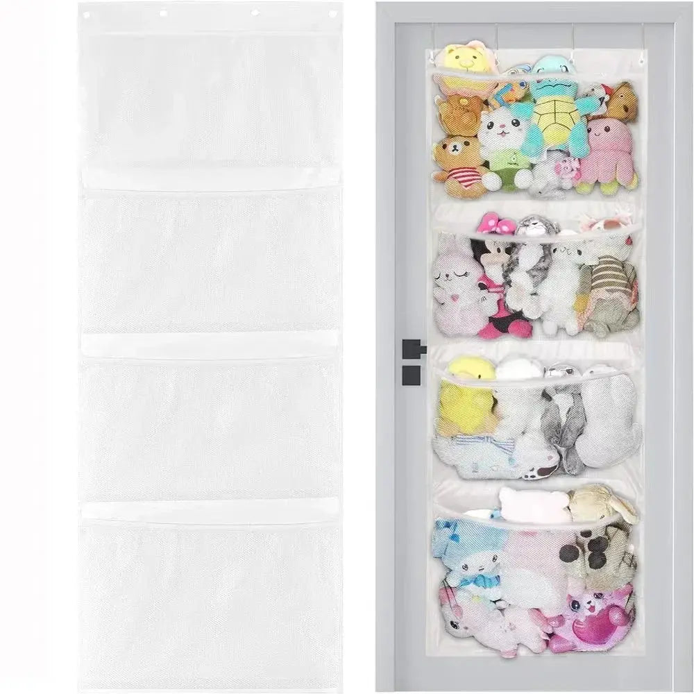 New Stuffed Storage Bag Over The Door Stuff Animals Organizer Hanging Mesh Bags 4 Large Pockets for Baby Plush Toys Kids Storage