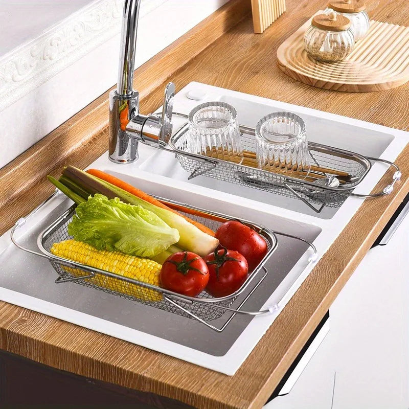 1 Set Stainless Steel Over Sink Colander with Telescopic Handle - Metal Mesh Strainer Basket for Washing Fruits & Vegetables