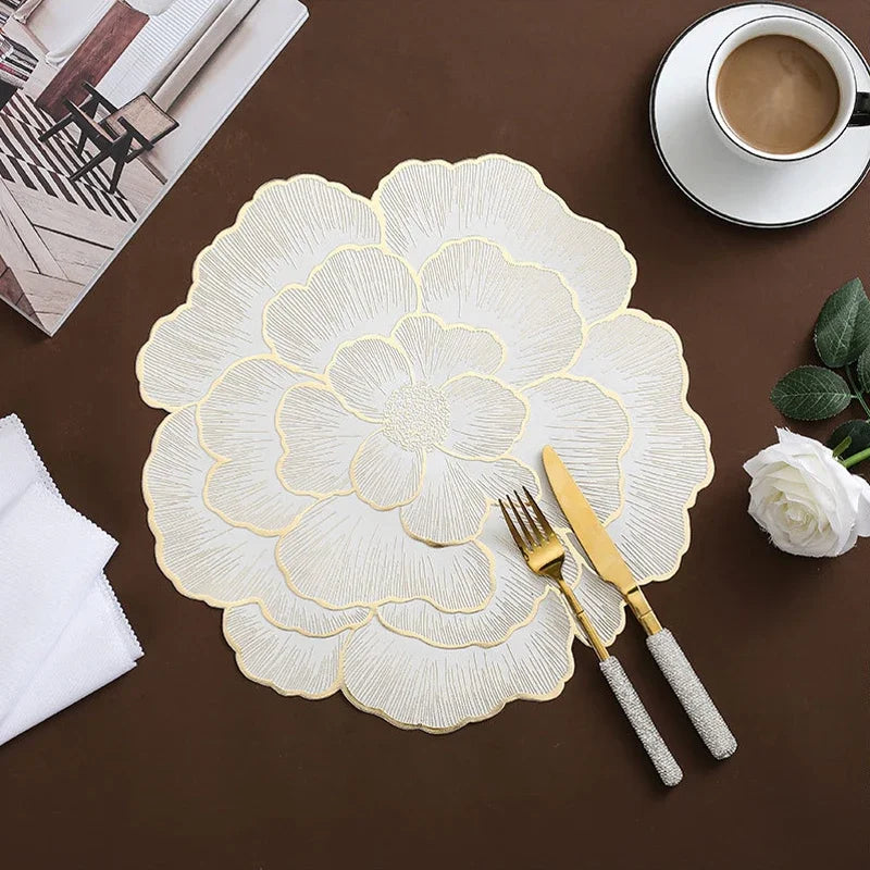 Creative Peony Placemat Nordic Style Dinning Table Decorative Mat Gold Plated Home Coasters PVC Anti Slip Waterproof Meal Mat