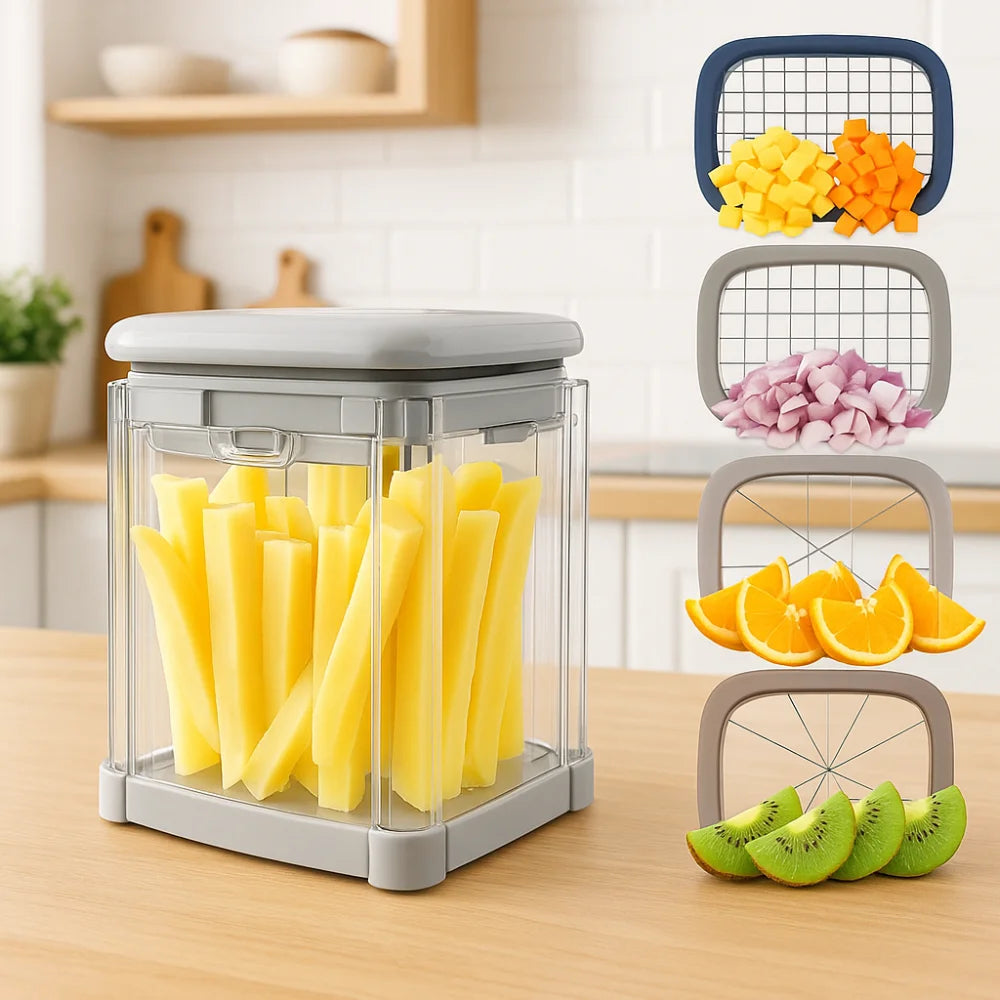 Multifunctional Manual French Fries Cutter Hand Press 4 in 1 Vegetable Dicer Efficient with 4 Blades Fruit Slicer Cooking