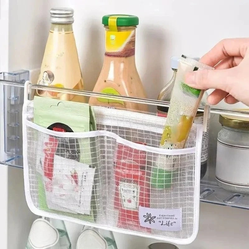 Storage Mesh Bag Refrigerator Organizer Double Compartment Sauce Packet Storage Bag Hanging Net Pouch Kitchen Storage Organizer
