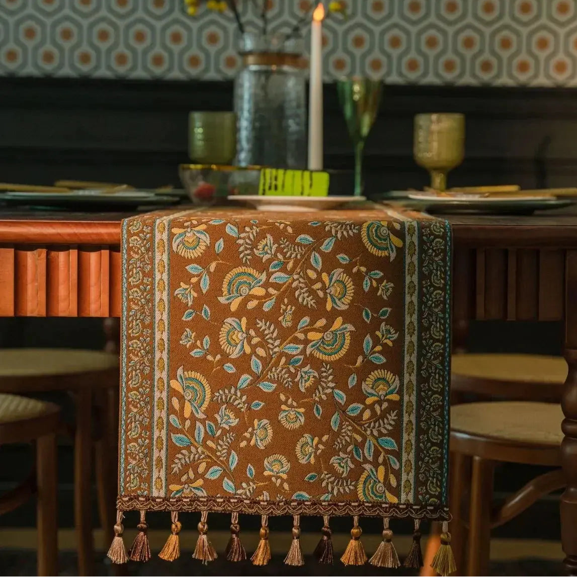 Plant Flower Table Runner with Tassels Jacquard Living Room Cabinet Cover Kitchen Dining Table Runner Party Decoration
