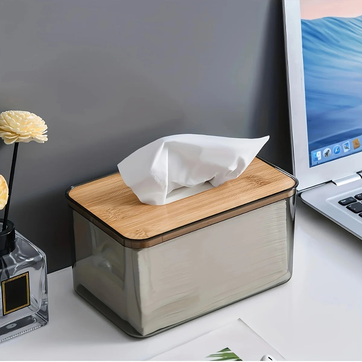 1pc-Multifunctional Tissue Holder Paper Box With Bamboo Cover Transparent Container Living Room Bedroom Tissue Storage Box