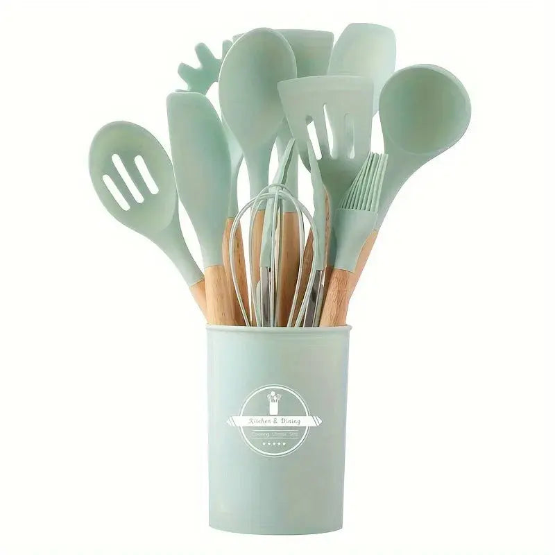 12PCS Wooden Handle Cooking Tool Set Silicone Kitchenware Non-Stick Cookware Kitchen Utensils Set Spatula Shovel Egg Beaters