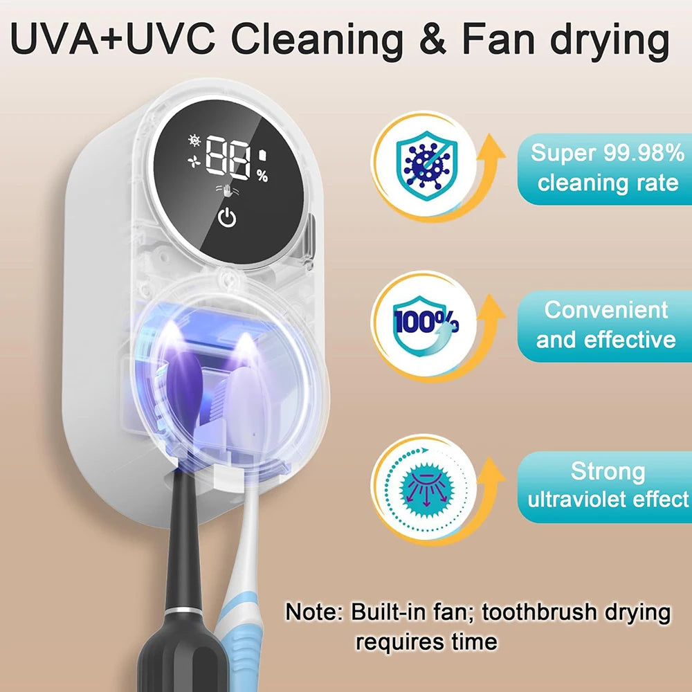 Toothbrush Holder Cleaner Razor Holder/Dryer Light Cleaning and Air Drying Automatic Ratating Cover Rechargeable Wall Mounted