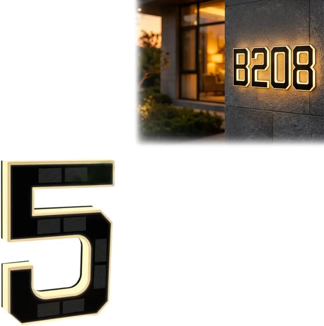 Solar Lighted House Numbers for Outside LED Illuminated Address Plaque Auto OnOff IP44 Waterproof Wall Mount