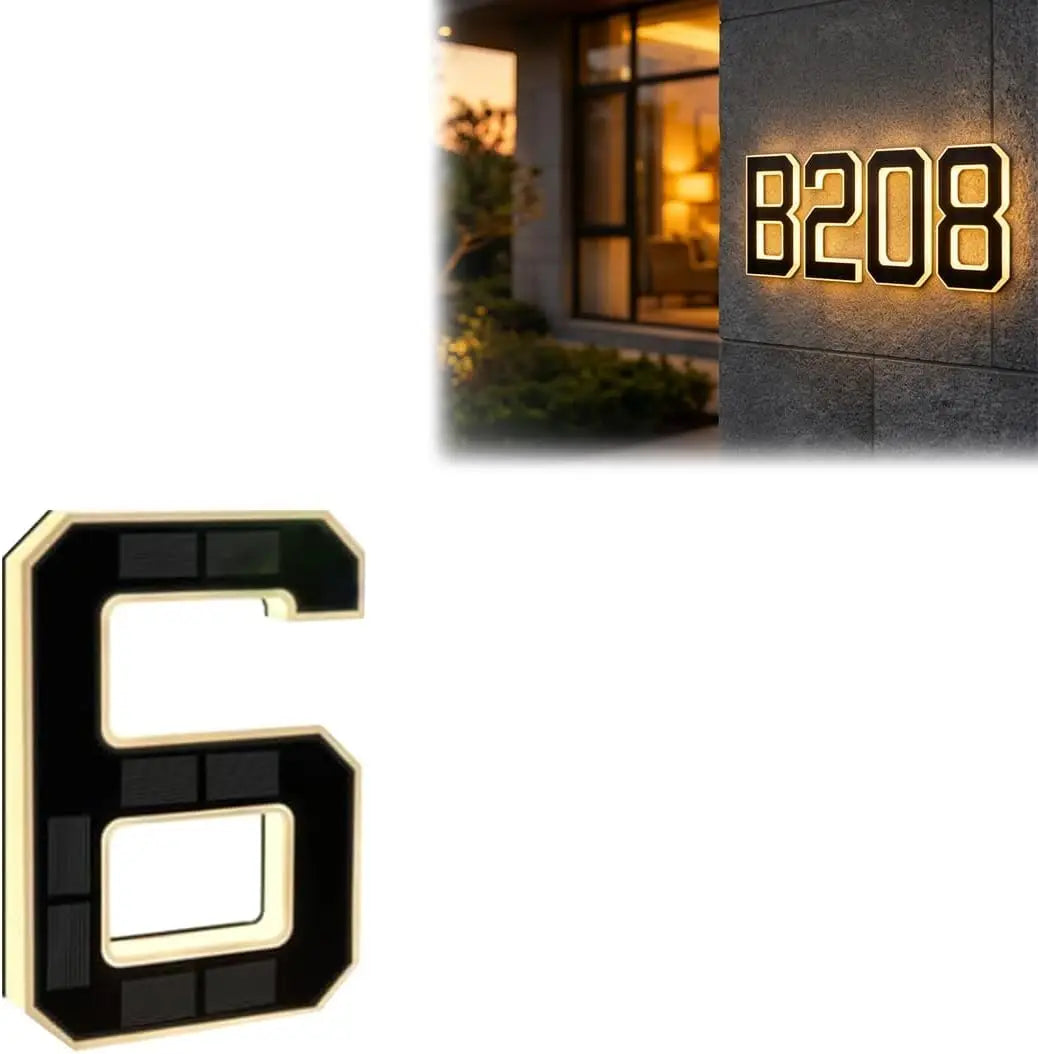 Solar Lighted House Numbers for Outside LED Illuminated Address Plaque Auto OnOff IP44 Waterproof Wall Mount