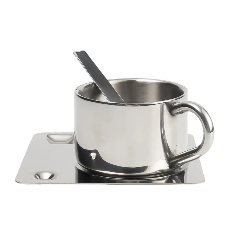304 Stainless Steel Coffee Cup Set Simple Nordic Mug Heat-resistant Milk Cup with Saucer Spoon Tableware Set Drinkware 175ML Mug