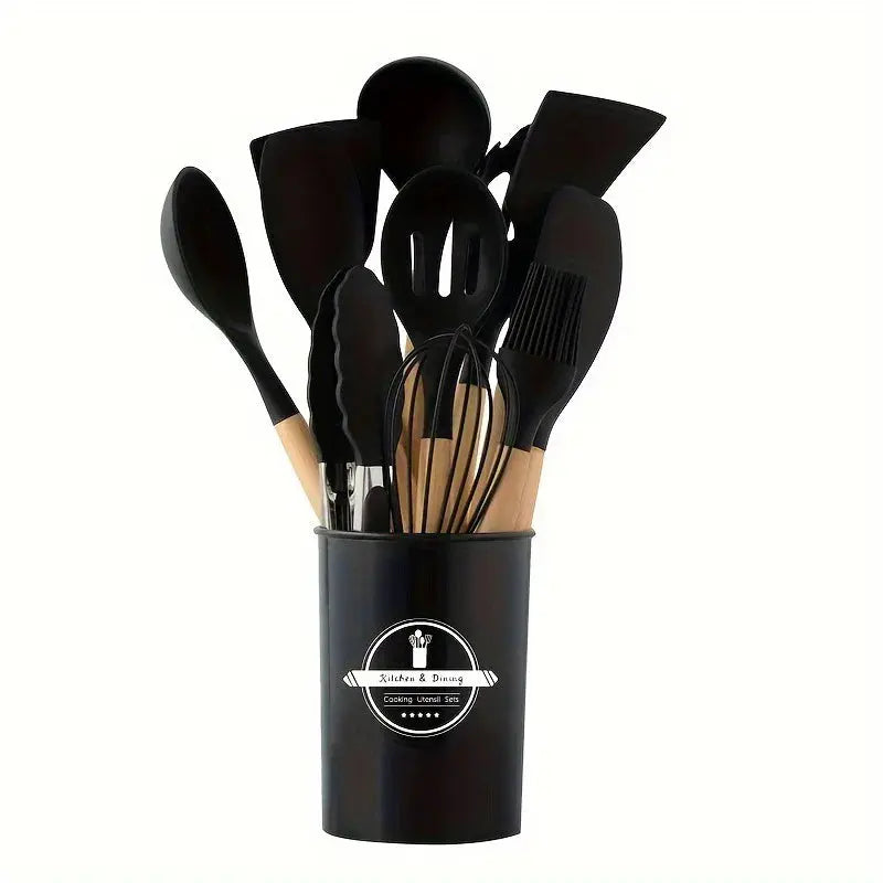12PCS Wooden Handle Cooking Tool Set Silicone Kitchenware Non-Stick Cookware Kitchen Utensils Set Spatula Shovel Egg Beaters