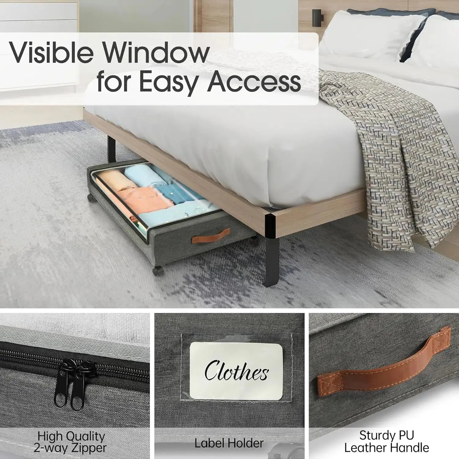 Under Bed Storage with Lockable Wheels Visible Window Under Bed Metal Drawers Large capacity Zipper Closure Home Organization