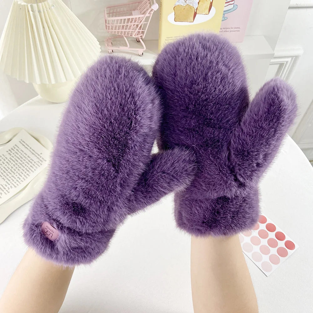 Winter Thickened Warm Imitation Rabbit Fur Gloves Warm Simple Windproof Soft Full-finger Gloves Riding Skiing Outdoor Gloves