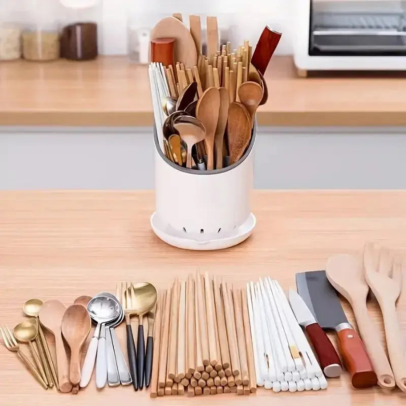 1Pc Round Kitchen Storage Chopsticcks Tube Space Saving Tableware Storage Holder With Drain Plate Kitchen Chopstick Drain Box