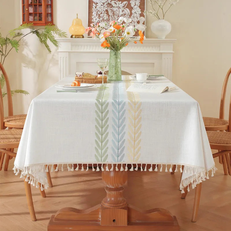 Rustic Cotton Linen Tablecloth, Heavy Weigh Embroidery Table Cloth for Rectangle, Farmhouse Spill-Proof Table Cover with Tassels