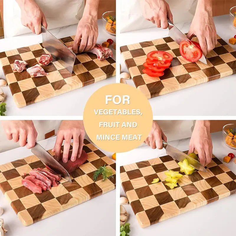 1 Pc End Grain Cutting Board Heavy Duty Rubber Wood Chopping Board Flippable Serving Board For Meat Bread Fruits Vegetable JT549