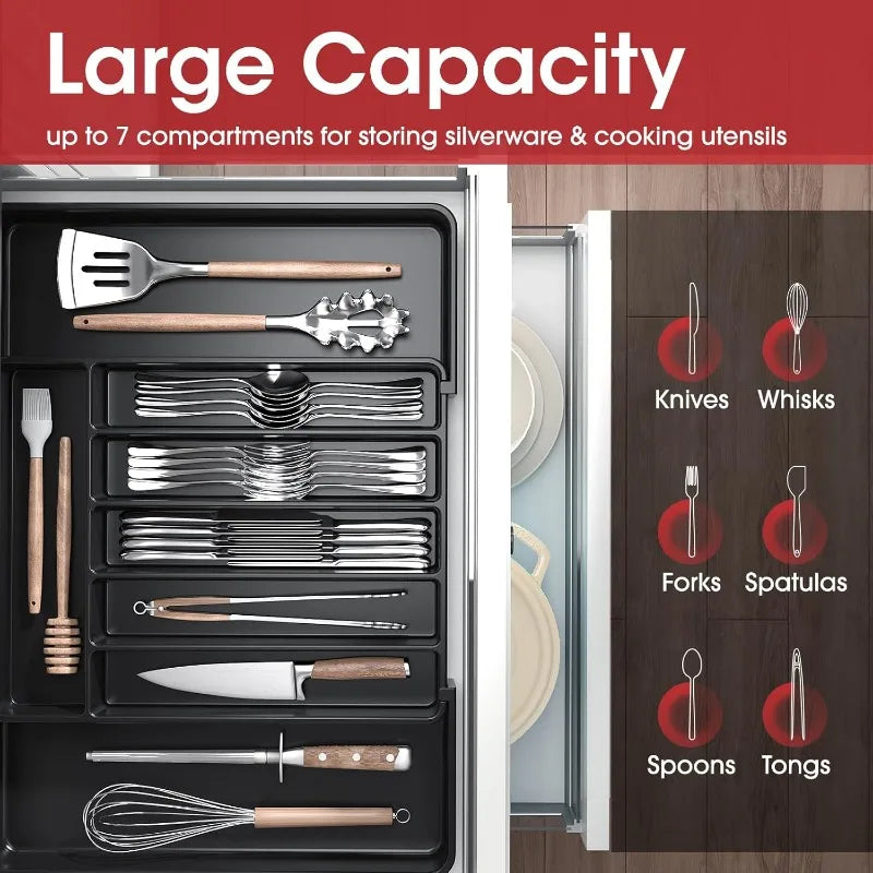 Adjustable Pantry Organizer Utensil Cutlery Drawer for Forks Knives Silverware Expandable Kitchen Drawer Kitchen Organizer Tray