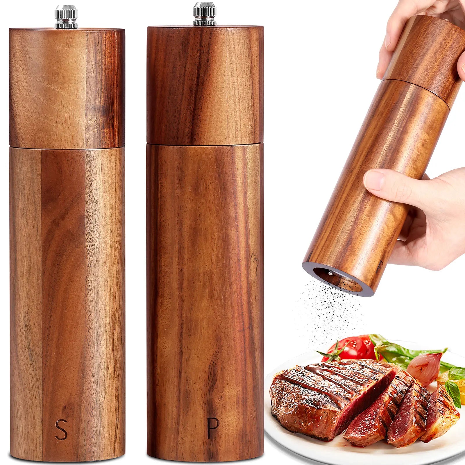 2 Pcs Wooden Pepper Grinder Manual Spice Grinder Adjustable Coarseness Sea Salt Grinders Bottles for Cooking Kitchen Accessories