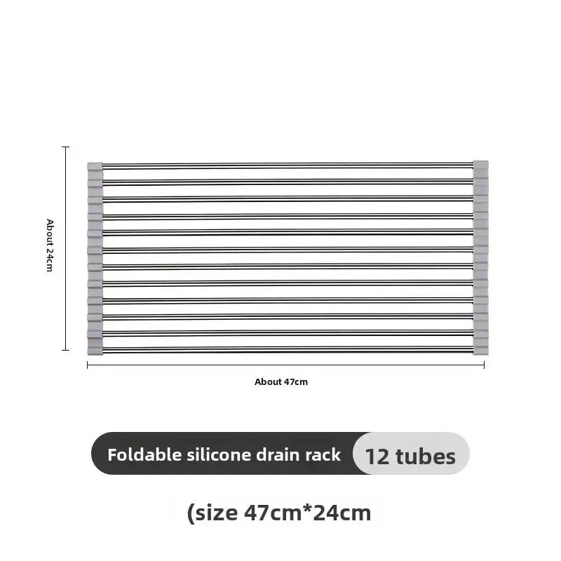 47*24cm Silicone Stainless Steel Sink Draining Rack Kitchen Roller Shutter Tableware Fruit and Vegetable Storage 12 Tubes
