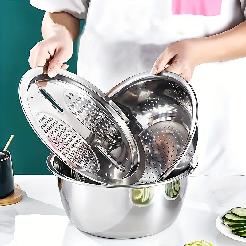 3pcs Kitchen Kit with Stainless Steel Multifunctional Mixing Bowl Vegetable Slicer - Suitable for Cleaning and Slicing Fruits