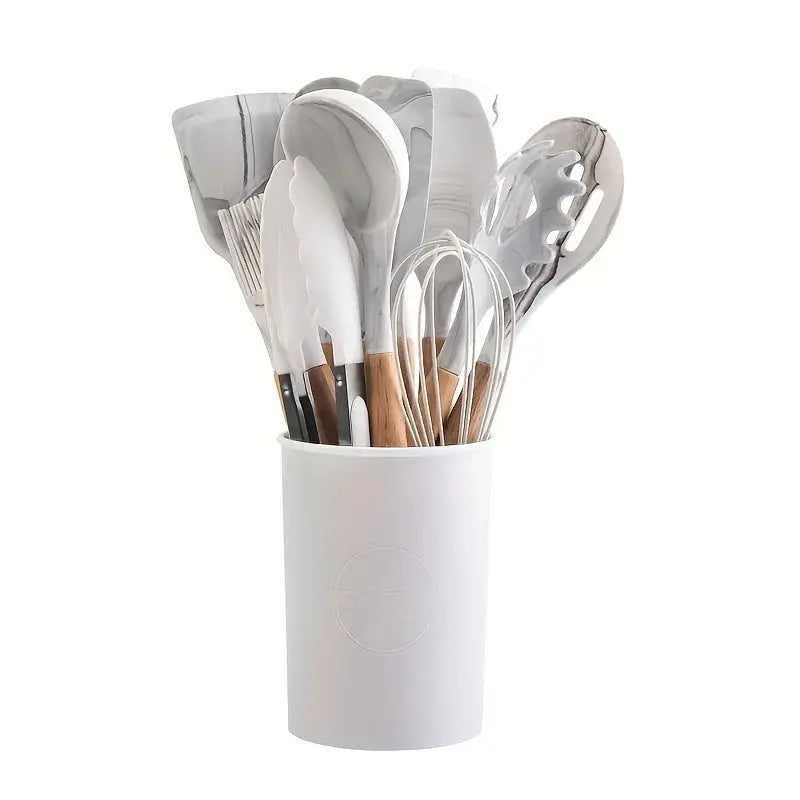 12PCS Wooden Handle Cooking Tool Set Silicone Kitchenware Non-Stick Cookware Kitchen Utensils Set Spatula Shovel Egg Beaters