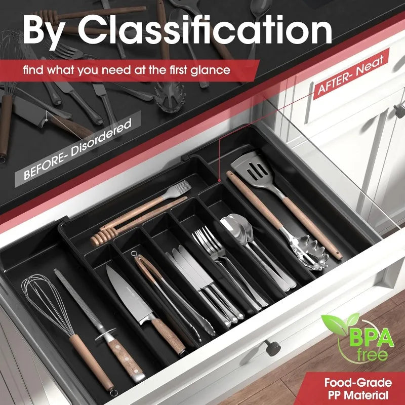 Adjustable Pantry Organizer Utensil Cutlery Drawer for Forks Knives Silverware Expandable Kitchen Drawer Kitchen Organizer Tray