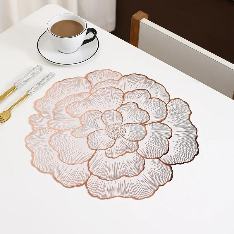 Creative Peony Placemat Nordic Style Dinning Table Decorative Mat Gold Plated Home Coasters PVC Anti Slip Waterproof Meal Mat