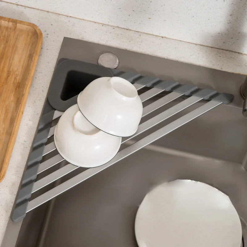 Silicone Drain Rack Lightweight Folding Triangular Sink Storage Rack Drain Rack Bowl Chopstick Rack Sponge Filter Roller Blind
