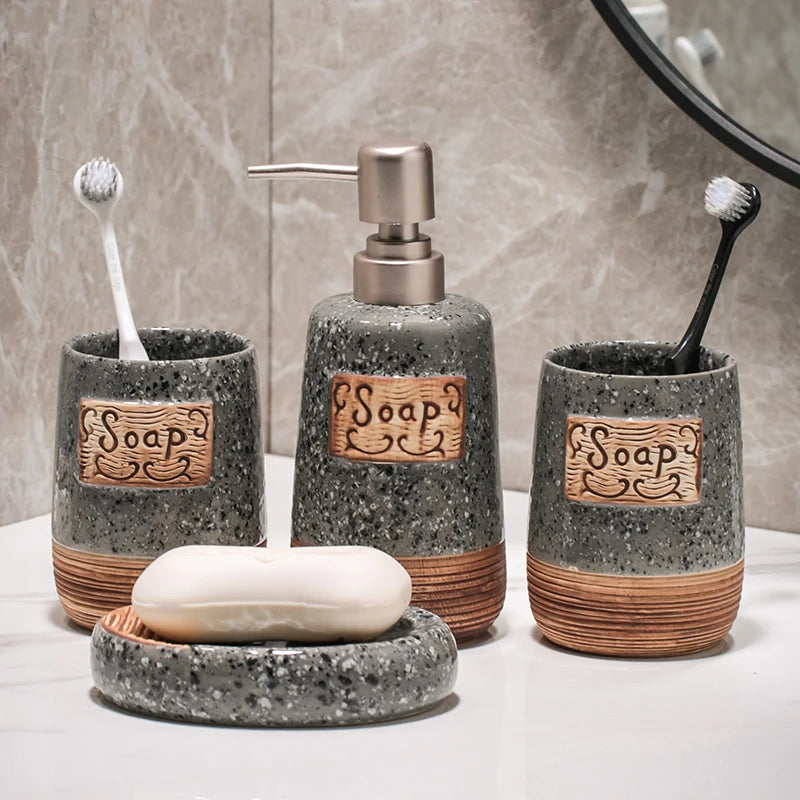 European retro ceramic 4-piece bathroom set high-end lotion bottle toothbrush holder cup soap dish bathroom accessories set