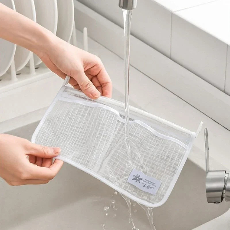 Storage Mesh Bag Refrigerator Organizer Double Compartment Sauce Packet Storage Bag Hanging Net Pouch Kitchen Storage Organizer