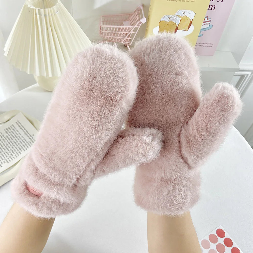 Winter Thickened Warm Imitation Rabbit Fur Gloves Warm Simple Windproof Soft Full-finger Gloves Riding Skiing Outdoor Gloves