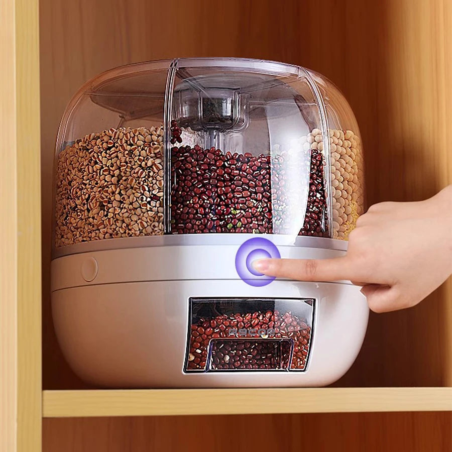 360° Rotating 6-Grid Food Dispenser - Airtight Kitchen Storage Container for Grains, Cereal & Dry Goods