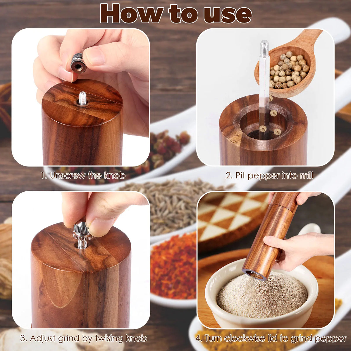 2 Pcs Wooden Pepper Grinder Manual Spice Grinder Adjustable Coarseness Sea Salt Grinders Bottles for Cooking Kitchen Accessories