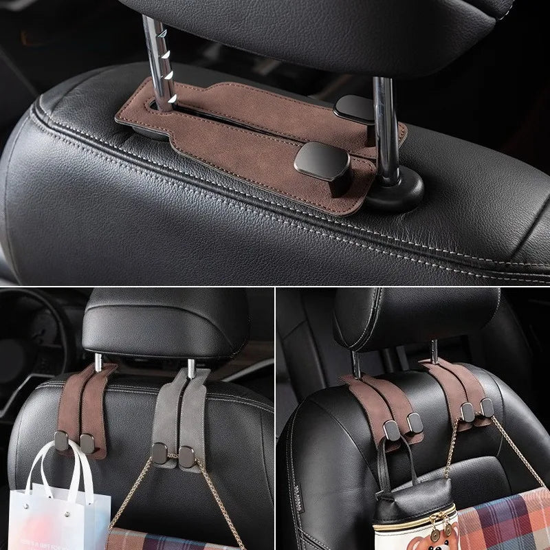 Premium Car Headrest Storage Hook Soft Suede Rear Seat Dual Hanging Hook 20KG Heavy Load Alloy Hanger Universal Fit All Vehicles