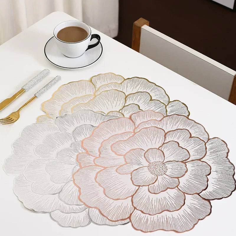 Creative Peony Placemat Nordic Style Dinning Table Decorative Mat Gold Plated Home Coasters PVC Anti Slip Waterproof Meal Mat