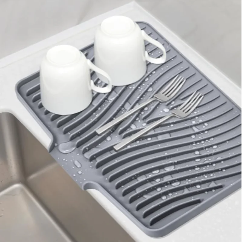 Silicone Dish Drying Mat For Kitchen Counter, Dish Drying Pad Non-slip Drain Pad With Built-in Drain Heat Resistant Drying Mat