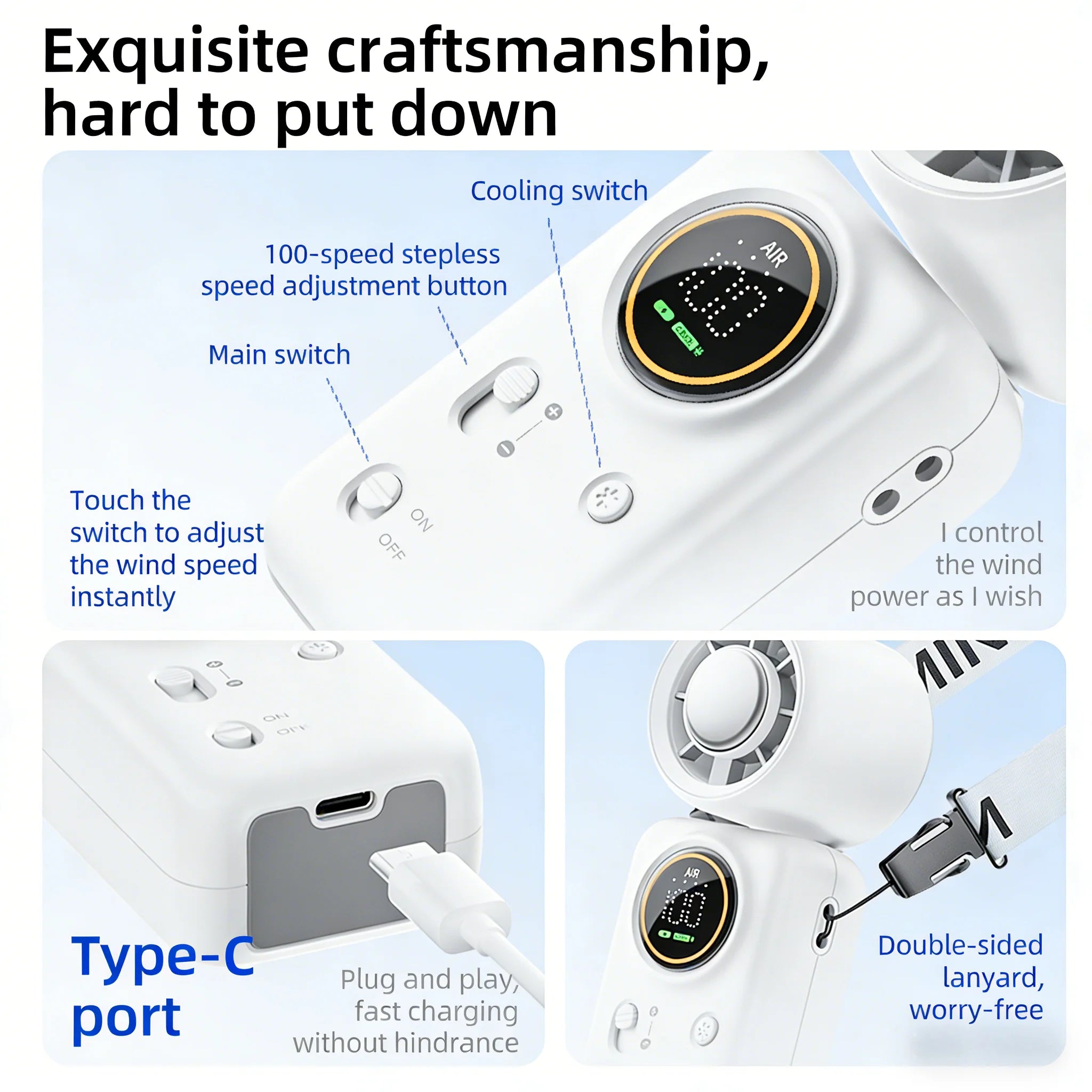 Portable Mini Handheld Fan 4000mAh High Speed Cooling LED Display 100 Adjustable Settings USB Rechargeable Desk Fan Travel