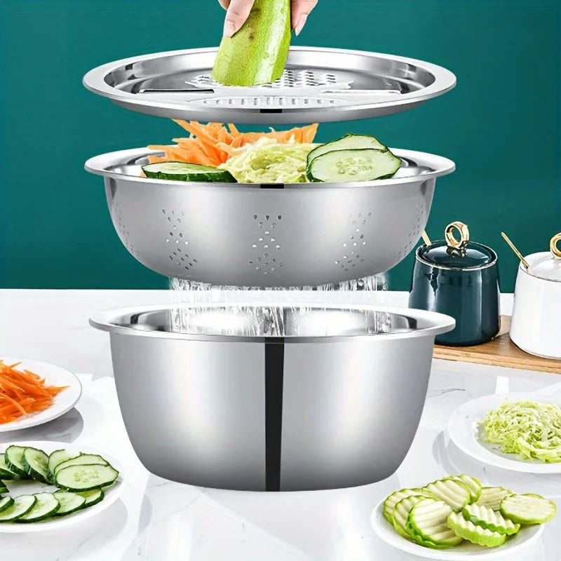 3pcs Kitchen Kit with Stainless Steel Multifunctional Mixing Bowl Vegetable Slicer - Suitable for Cleaning and Slicing Fruits