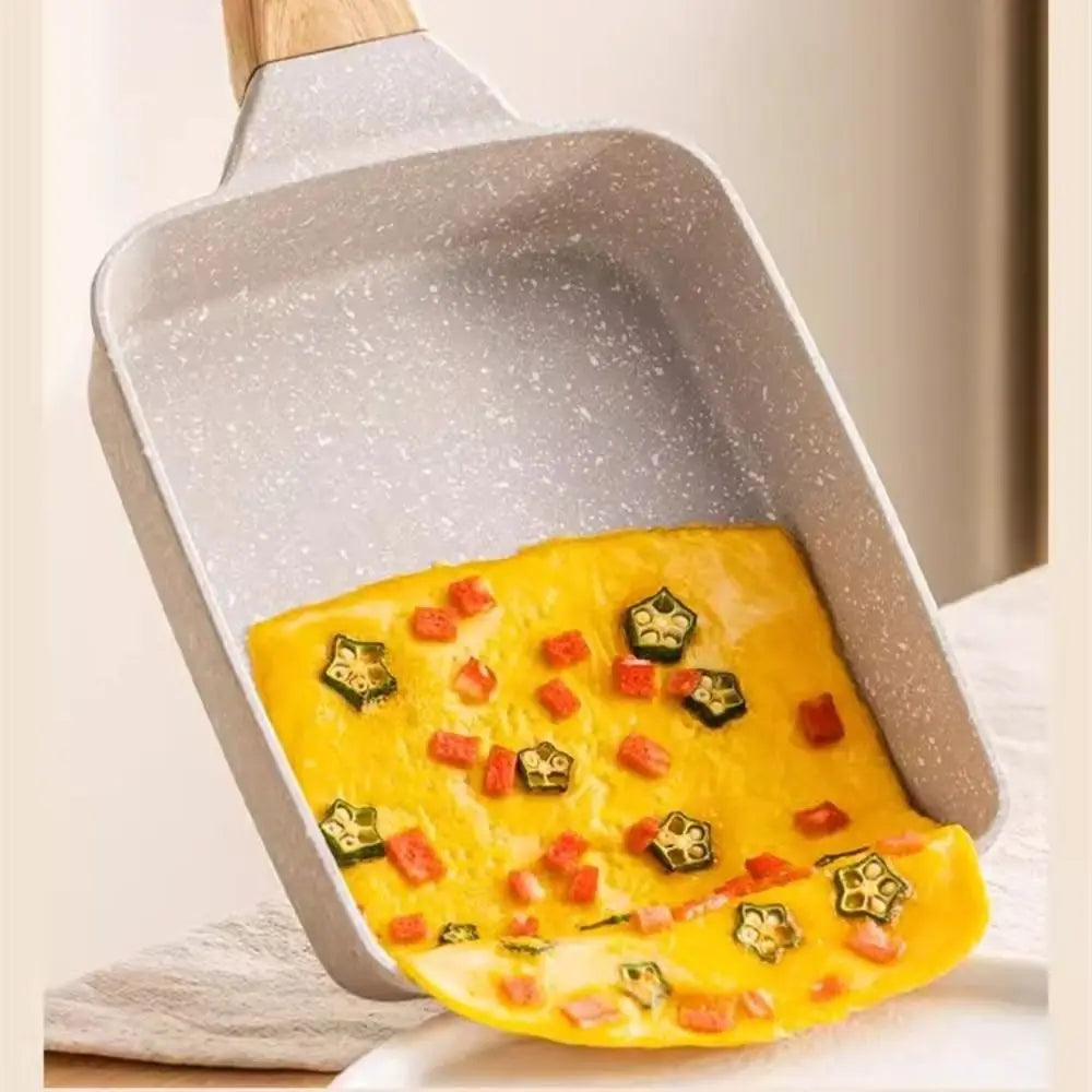 Heat-Resistant Nonstick Flat Pan Nonstick Coating Flat Surface Omelette Pan Japanese Style Wood Handle Steak Frying Pan