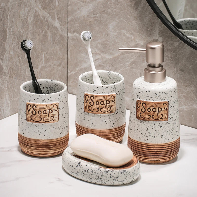 European retro ceramic 4-piece bathroom set high-end lotion bottle toothbrush holder cup soap dish bathroom accessories set