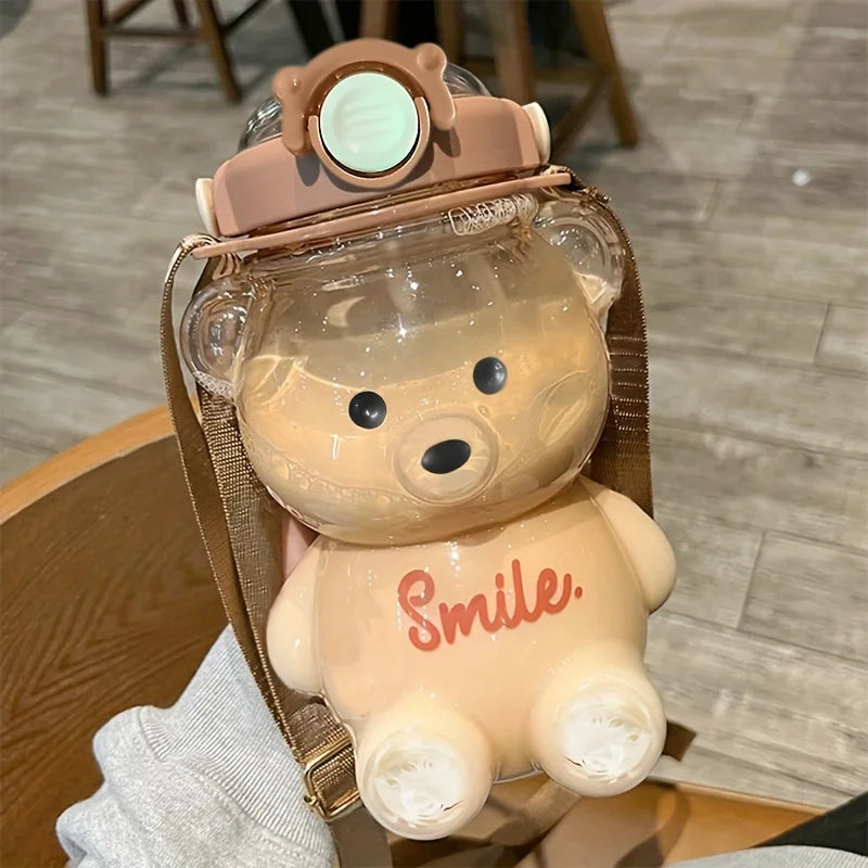 1000ml Large Capacity Cute Bear Water Bottle 2 in 1 Straw Cup for Girls Children BPA Free Leakproof for School Sports Gift
