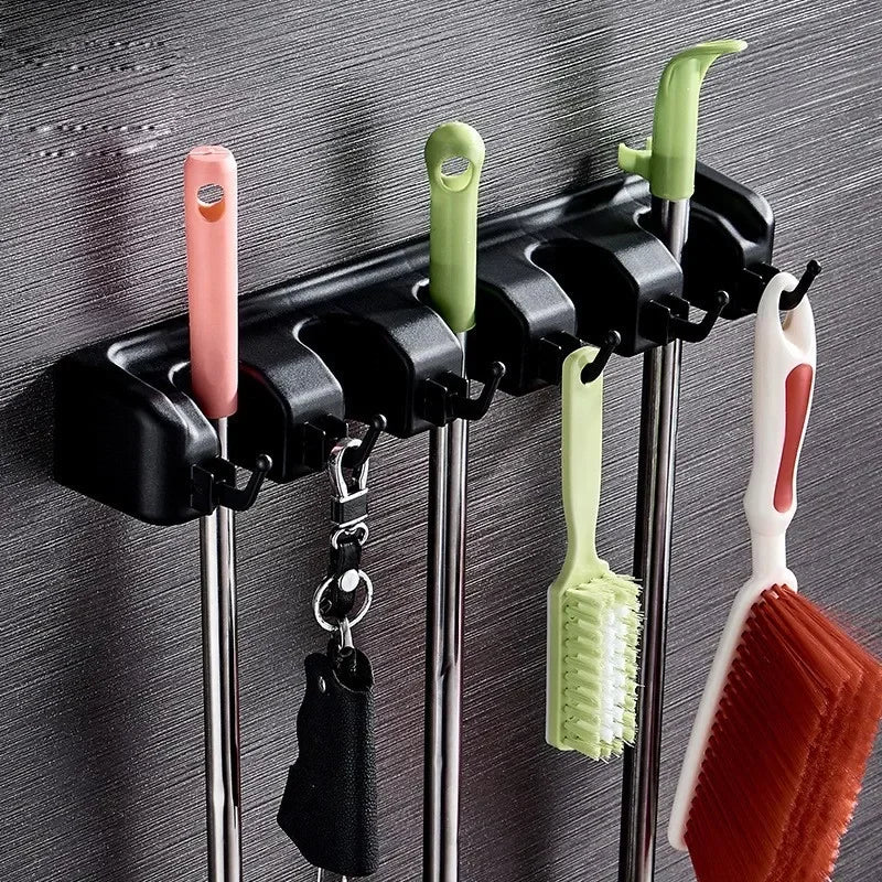 Wall Mounted Mop Holder 3/4/5 Position Multi-Functional Broom Hanger Shelf Home Kitchen Storage Black Magic Plastic Mop Holder