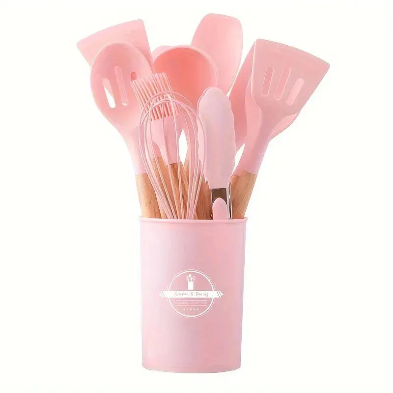 12PCS Wooden Handle Cooking Tool Set Silicone Kitchenware Non-Stick Cookware Kitchen Utensils Set Spatula Shovel Egg Beaters